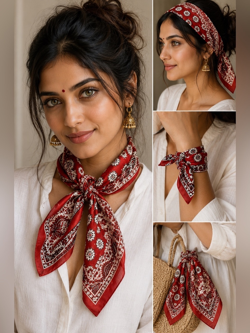 Vintage Handwoven Pure Silk Pocket Square Scarf Red Bandana Print Made in India